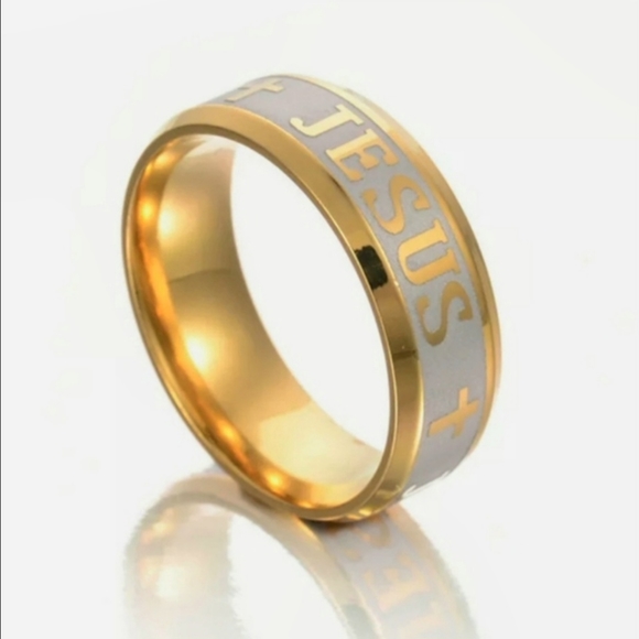 Gold Stainless Steel JESUS Insignia Emblem Embossed Engraved 8mm 8mm Band Ring - Picture 5 of 16
